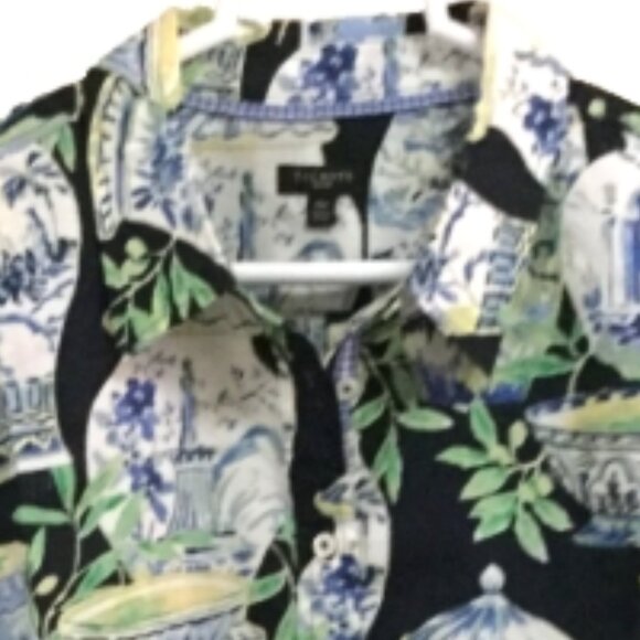 Talbots Women Size XLP Shirt Blouse Top Vases Navy Green White Button Front - Picture 6 of 7